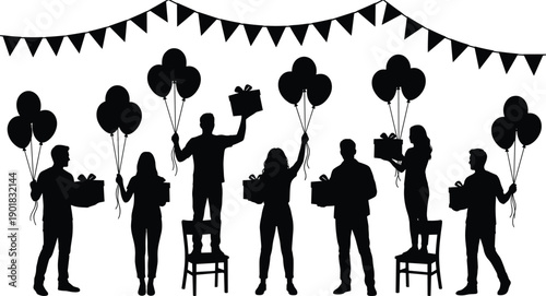 Silhouette of a group of people holding balloons and gift boxes with a festive flag banner above them on a white background
