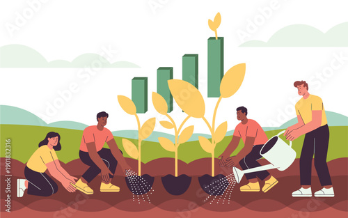 A group of people planting and nurturing young plants in a field with a growing bar chart in the background