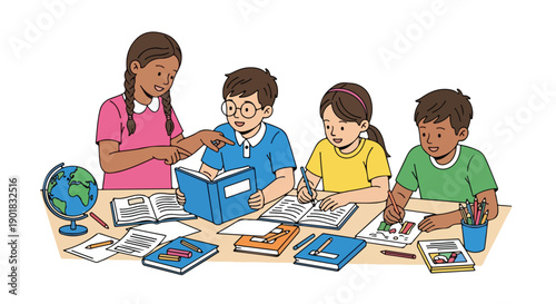 Vector illustration of diverse children studying together at a desk with books and stationery in a colorful and educational setting.