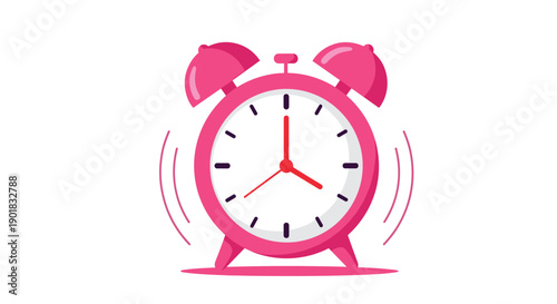 A cute pink alarm clock is ringing loudly to wake you up.