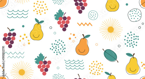 Whimsical Pattern Featuring Smiling Pears Grapes and Abstract Shapes.