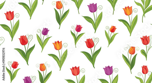 A delightful pattern featuring vibrant tulips in various colors blooming beautifully.