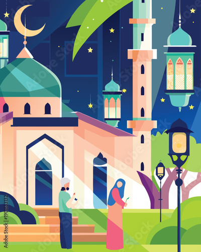 Modern Islamic Architecture at Night for Ramadan Kareem, Mosque with Crescent Moon, Lanterns, and Muslim Couple in Contemporary Geometric Flat Illustration
