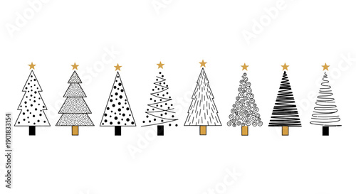 A collection of eight stylized Christmas trees in black and white with gold stars on top, each featuring a unique pattern.