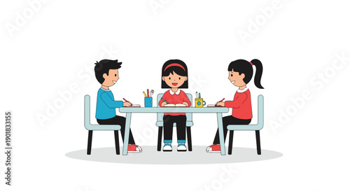 Vector illustration of children studying together at a table with colorful pencils and books.
