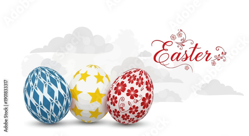 Three colorful decorated Easter eggs with patterns and "Easter" text on a white background with subtle clouds, symbolizing the holiday.