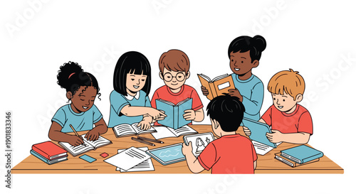 Vector illustration of diverse children studying together at a table with books and papers in a colorful and lively setting.
