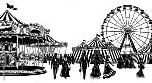 A detailed black and white illustration of a vintage carnival scene with a large Ferris wheel, carousel, striped tents, and elegantly dressed people.