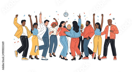 A vibrant illustration of a diverse group of happy people dancing and celebrating together at a lively party with confetti.