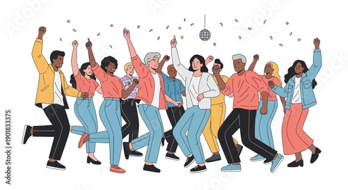 A diverse group of happy people of different ages and ethnicities dancing and celebrating together with confetti in the air.