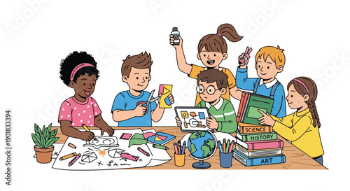 Vector illustration of children studying and learning together with books and colorful educational materials in a lively and interactive setting.