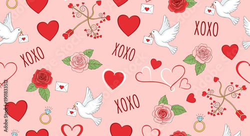 Valentines Day hearts doves flowers pattern.