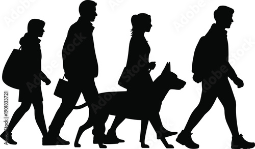 Silhouettes of a family and a dog walking in profile against a white background people