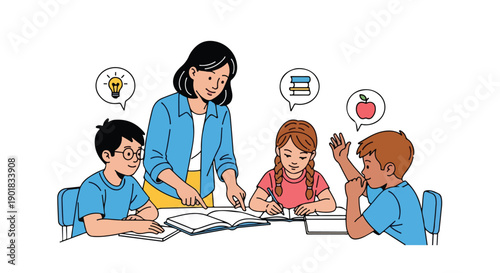 Vector illustration of a teacher and children studying together at a table with books and thought bubbles.