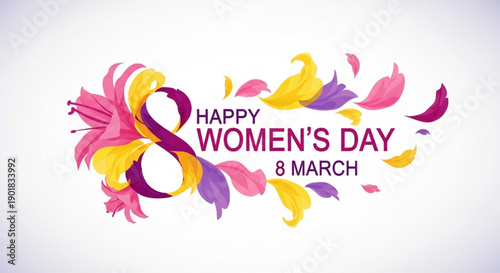 Happy women's day greeting with colorful floral design and date march 8th on white background