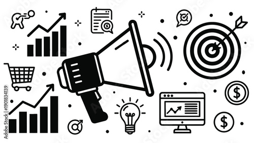 Comprehensive digital marketing strategy icon set with megaphone target and growth analytics for professional business consultancy branding assets.