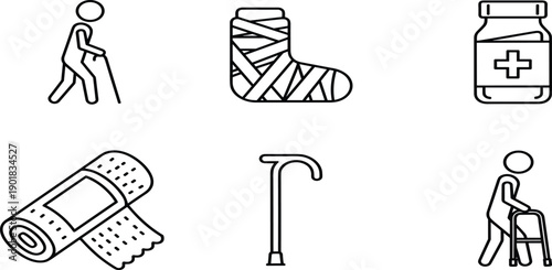 Medical recovery icons featuring person with cane, orthopedic leg cast, medicine bottle, adhesive bandage roll, walking stick, and elderly walker.Medical recovery icons 