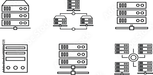 Data center server icons featuring network hosting racks, cloud computing database storage, computer hardware mainframe systems, and digital information technology 