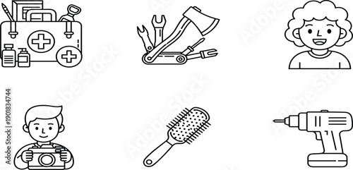 Collection of flat line icons featuring first aid kit, multi tool with axe, curly hair person, photographer, hairbrush, and drill.Collection of flat line icons featuring first aid kit, multi 