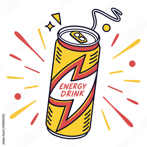 Foto A vibrant soda can with a straw, surrounded by colorful sparkles, ready to quench your thirst