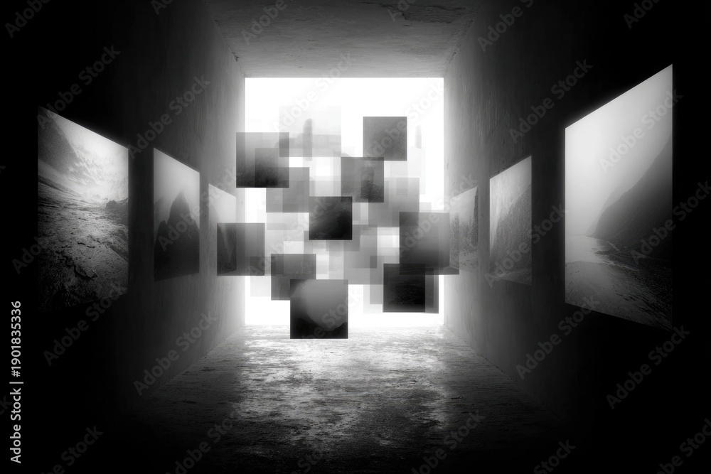 Fototapeta premium Dim monochrome tunnel displays gray-scale landscapes along the walls while translucent pixel squares float toward a bright doorway, creating a modern, mysterious art installation, abstract 3d