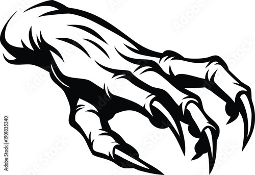 A detailed menacing monster claw with long sharp talons poised to strike on white