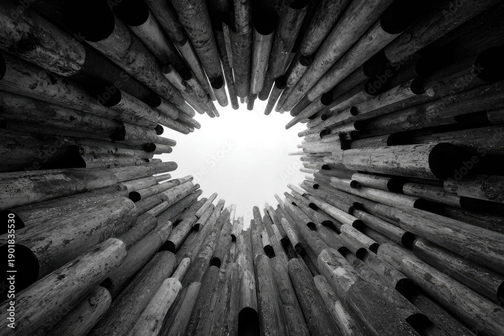 Fototapeta premium A dramatic black-and-white view looks up through a circle of weathered wooden poles, creating a tunnel of lines that converges on a bright opening. Evokes mystery, perspective, and wood sculpture art