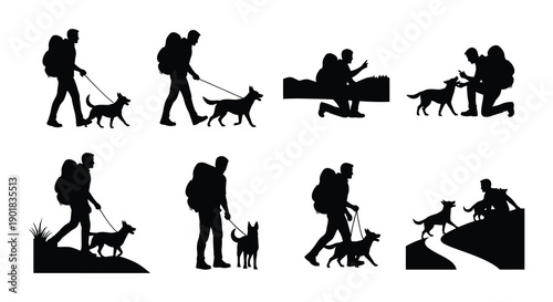 Silhouettes of people with dogs hiking and enjoying outdoor activities