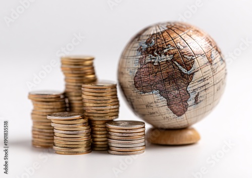 Stacks of coins beside a globe symbolizing global finance economic growth investment and financial planning
