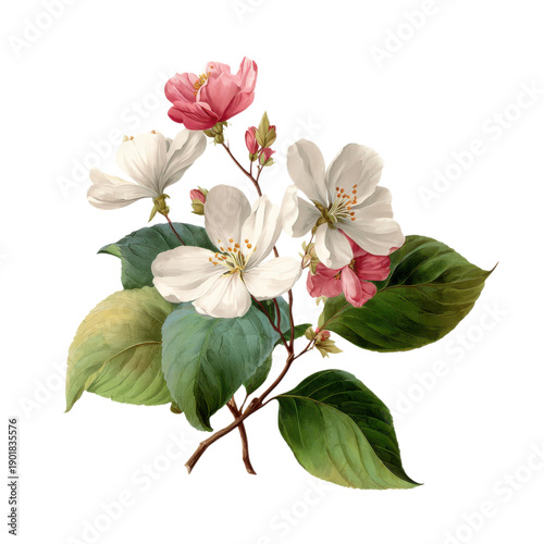 A beautiful branch of flowers with green leaves on a black background