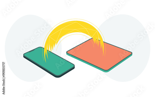 A vector graphic illustration of two smartphones with a yellow arc symbolizing data transfer between them