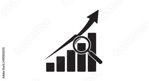 Growing bar graph with magnifying glass in simple black icon style on white background for business analysis
