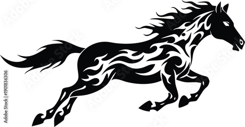 A dynamic black horse showcasing intricate flame patterns appears to be in full stride
