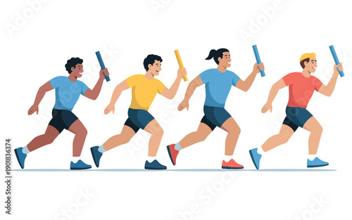 A group of diverse athletes running in a relay race with batons