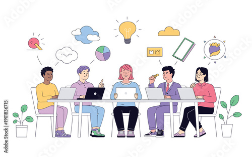 A diverse group of people sitting at a table with laptops and brainstorming ideas in a modern office setting