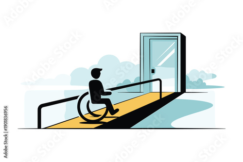 A vector graphic illustration of a person in a wheelchair using a ramp to access a building with a door