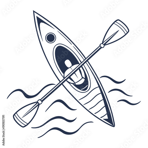 A lone kayaker paddles through gentle waves in a serene water body. Vector