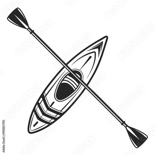 A pair of kayak paddles crossed over a single kayak in a simple line drawing. Vector