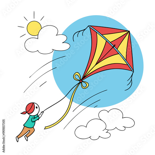 A child flying a colorful kite in a bright blue sky with fluffy white clouds Vector