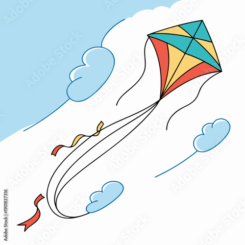 A colorful kite soaring high in the sky with a bird flying nearby on a sunny day Vector
