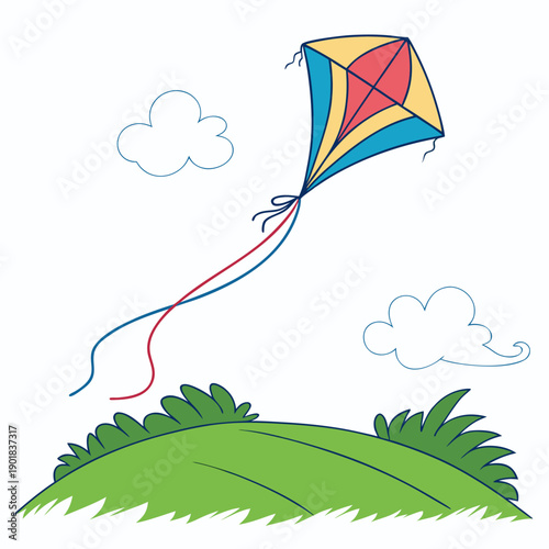 A vibrant kite soaring high in the sky over a lush green hillside Vector