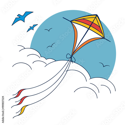 Colorful kite soaring high in the sky with birds flying around it. Vector