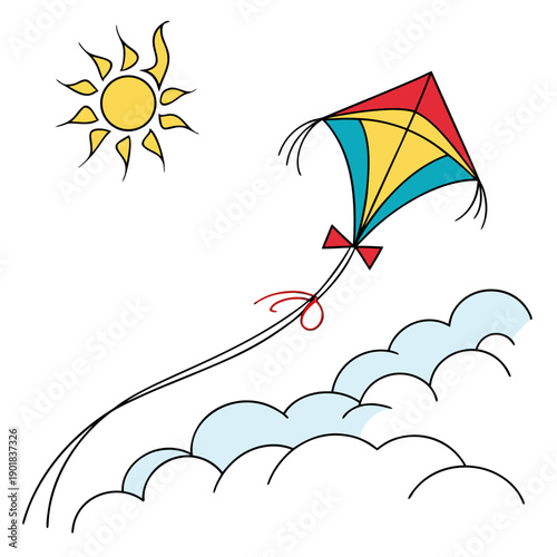 A vibrant kite soaring high in the clear blue sky on a sunny day. Vector