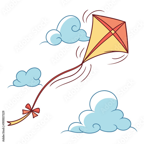 A vibrant kite soaring high in the sky with a beautiful sunset backdrop. Vector
