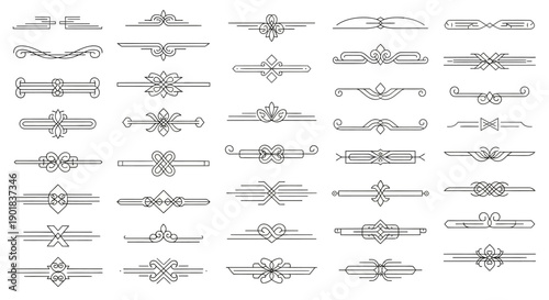 A collection of 36 decorative line art dividers and ornaments, presented in a grid format.