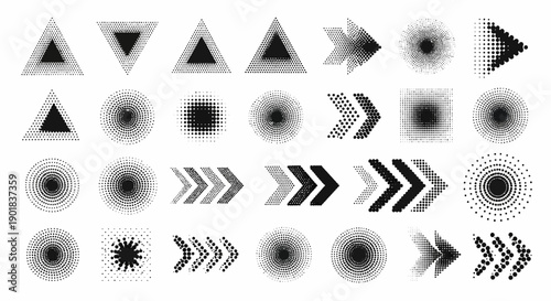 A collection of abstract geometric shapes and patterns, including triangles, circles, arrows, and starbursts, rendered in a halftone dot effect.