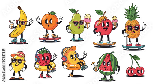 A vibrant collection of anthropomorphic fruits enjoying summer activities, including skateboarding, wearing sunglasses, and holding ice cream.