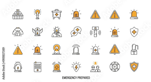 A collection of emergency preparedness icons, including warning signs, alert lights, and safety symbols.