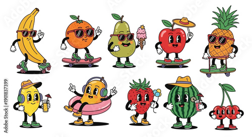 A vibrant collection of anthropomorphic fruits enjoying summer activities, each with unique accessories and expressions.