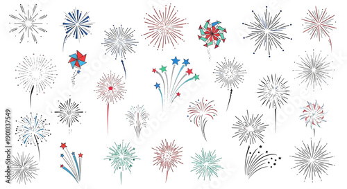 A collection of diverse, stylized illustrations of fireworks in various shapes and colors, suitable for celebratory designs.